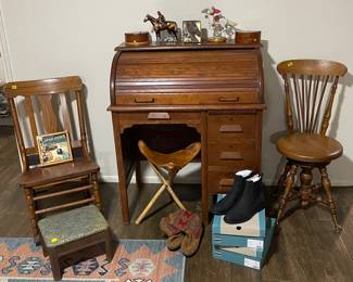 Vintage desk, antique piano stool, chair, stool, boots NIB - 2 pairs! Leater topped stool. Decor.