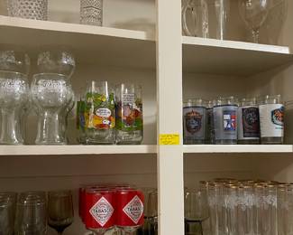 Collector glasses. Pepsi, Peanuts, even Tabasco! Vintage glasses. My great grandmother had these same Libby glasses. We used those glasses on special occasions back in the day.
