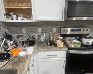 Mason jars, rice cooker, omega juicer, dish set, wine opener, glasses