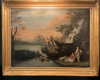 Oil on canvas, children on rocks, dogs, and sheep
