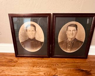 Vintage Framed Photographs of Historical Figures. Two framed portrait photographs featuring a woman and a man from the early 1900s. Each photo is in an oval shape with a wooden frame. The portraits are sepia-toned and show detailed facial features. Ideal for historical collectors or antique enthusiasts. Overall measurements 21 3/4" x 17 3/4".
Note photos for details and condition. Measurements taken under field conditions are approximate within 1/2". Feel free to reach out with any questions.
Items are heavy and we do not assist with loading. Be sure to bring adequate help and a large enough vehicle for large items. If you need assistance, call Denny for an estimate for delivery. (720) 393-0204.