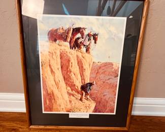 At the End of His Rope Print by Russell Houston
Framed print by artist Russell Houston, featuring a cowboy and two horses on a rocky cliff hitting a golf ball. Overall measurements: 28" Tall x 24" Wide. Double matted and professionally framed. These pieces are a fun and unique genre. Signed by the artist, not numbered.
Note photos for details and condition. Measurements taken under field conditions are approximate within 1/2". Feel free to reach out with any questions.
Items are heavy and we do not assist with loading. Be sure to bring adequate help and a large enough vehicle for large items. If you need assistance, call Denny for an estimate for delivery. (720) 393-0204.
