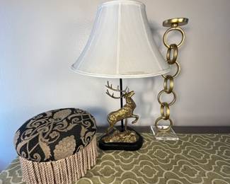 Vintage Home Decor Lot. This collection features a solid brass lamp with a deer base, a Colorado Classic! Included in this lot is an elegant fabric foot stool with fringe detailing and a modern gold circular candle pillar holder. They are in very good condition.
Note photos for details and condition. Measurements taken under field conditions are approximate within 1/2". Feel free to reach out with any questions.
Items are heavy and we do not assist with loading. Be sure to bring adequate help and a large enough vehicle for large items. If you need assistance, call Denny for an estimate for delivery. (720) 393-0204.