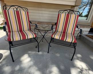 Set of Chairs with Mosaic Side Table - Cushions Included. Set of wrought iron chairs with a mosaic side table. The chairs have the spring mechanism that make the chair very comfortable, the perfect place to sit on your porch and pass the time.
Note photos for details and condition. Measurements taken under field conditions are approximate within 1/2". Feel free to reach out with any questions.
Items are heavy and we do not assist with loading. Be sure to bring adequate help and a large enough vehicle for large items. If you need assistance, call Denny for an estimate for delivery. (720) 393-0204.