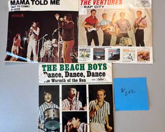 Vintage Vinyl Records Lot - The Beach Boys, Three Dog Night, The Ventures. Includes Three Dog Night - Mama Told Me (1970, Dunhill, D-4239), The Ventures - Slaughter on 10th Avenue / Rap City (1964, Dolton), and The Beach Boys - Dance, Dance, Dance / The Warmth of the Sun (1965, Capitol, 5320). All records are in used condition.
Note photos for details and condition. Measurements taken under field conditions are approximate within 1/2". Feel free to reach out with any questions.