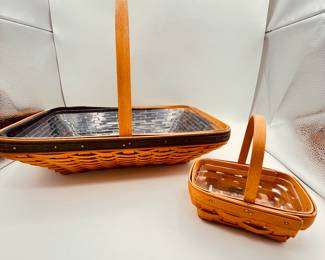 Lot of Two Longaberger Baskets. Longaberger, Basket Collection. Includes one large rectangular basket with a handle and one small rectangular basket. Both feature woven construction with a plastic liner.
Note photos for details and condition. Measurements taken under field conditions are approximate within 1/2". Feel free to reach out with any questions.
Items are heavy and we do not assist with loading. Be sure to bring adequate help and a large enough vehicle for large items. If you need assistance, call Denny for an estimate for delivery. (720) 393-0204.