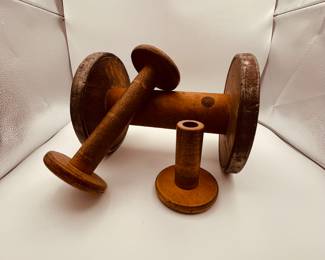 Antique Wooden Spools Vintage. Set of antique wooden spools, includes various sizes with a rustic finish. Largest is 11" tall x 6" diameter.
Note photos for details and condition. Measurements taken under field conditions are approximate within 1/2". Feel free to reach out with any questions.
Items are heavy and we do not assist with loading. Be sure to bring adequate help and a large enough vehicle for large items. If you need assistance, call Denny for an estimate for delivery. (720) 393-0204.