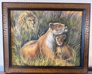 Beautiful Original Oil on Canvas featuring a lion, lioness and cub. This is a beautiful original oil on canvas featuring a lion, lioness and cub posed in a natural grass environment. The painting is in very good condition. The frame has minor damage and is in need of some minor repairs.
Note photos for details and condition. Measurements taken under field conditions are approximate within 1/2". Feel free to reach out with any questions.
Items are heavy and we do not assist with loading. Be sure to bring adequate help and a large enough vehicle for large items. If you need assistance, call Denny for an estimate for delivery. (720) 393-0204.