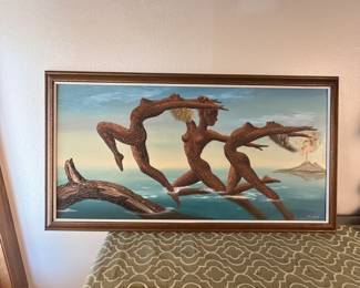 H. Ray White 1981 Original Art Painting. This is a 1981 painting by H. Ray White, original painting featuring a surrealistic depiction of human figures entwined with nature. The artwork is framed and measures approximately 28" tall by 52" wide. Its unique style and vibrant colors make it a captivating piece for any art collector.
Note photos for details and condition. Measurements taken under field conditions are approximate within 1/2". Feel free to reach out with any questions.
Items are heavy and we do not assist with loading. Be sure to bring adequate help and a large enough vehicle for large items. If you need assistance, call Denny for an estimate for delivery. (720) 393-0204.