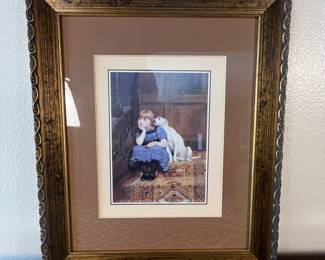 Framed Artwork Featuring Girl with Dog. Vintage framed artwork depicting a young girl in a blue dress sitting with a white dog. Dimensions approximately 26 inches in height and 22 inches in width. Artistic details include a richly patterned rug beneath the subjects.
Note photos for details and condition. Measurements taken under field conditions are approximate within 1/2". Feel free to reach out with any questions.
Items are heavy and we do not assist with loading. Be sure to bring adequate help and a large enough vehicle for large items. If you need assistance, call Denny for an estimate for delivery. (720) 393-0204.
