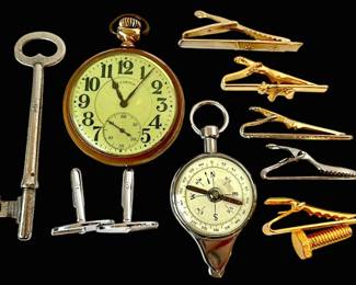 Gold SilverToned Tie Clips, Pocket Watch, Compass, and More