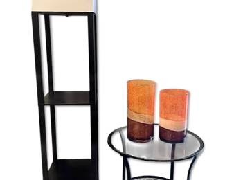 Tall Shelf Floor Lamp, IKEA Klingsbo Side Table, Orange Art Glass Vases