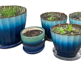 Five Blue Gradient Planters Four Plastic, One Ceramic