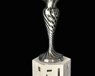 White Hexagonal Pedestal Stand w Silver Twisted Bass Lamp