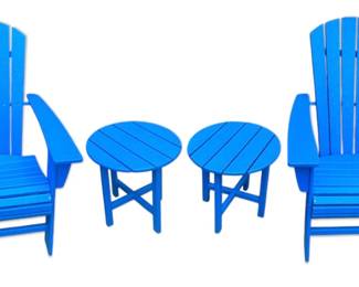Two Bright Blue Adirondack Chairs Side Tables