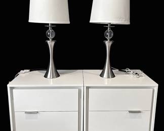 Pair of White Nightstands w Chrome Orb Lamps