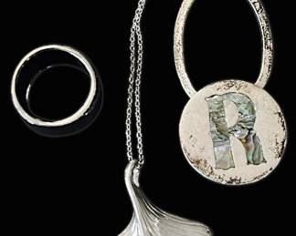 Sterling Silver Mexico Taxco Key Ring, Ginkgo Leaf Pendant Necklace, Chunky Ring