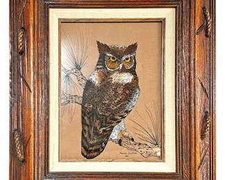 Vintage Owl Painting on Glass in Wood Frame