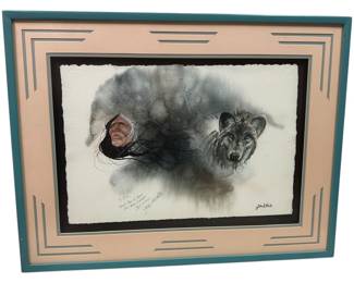Signed Native Wolf Watercolor In Frame