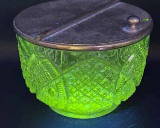 Vintage Pressed Glass Bowl with Hinged Metal Lid