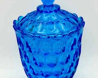 Fenton Colonial Blue Thumbprint sugar bowl with a lid