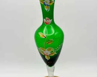 Kreiss 8" Vase Green Art Glass Gold Trim Beautiful Hand painted Flowers
