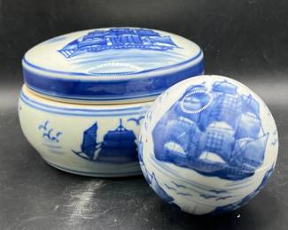 Vintage Nantucket Blue & White Porcelain Ball & Covered Dish