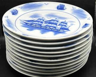 (11) Vintage Nantucket Blue & White Porcelain 9” Dinner Plates