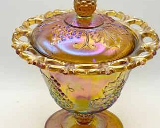 "Indiana Glass Carnival Glass Lace Edged Covered Candy Dish"