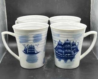 (4) Large Mugs — Vintage Nantucket Blue & White Porcelain