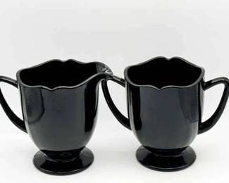 New Martinsville scalloped black glass cream and sugar set
