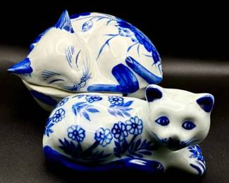 (2) Vintage Blue And White Porcelain Cat Figurines