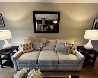 Another shot of sofa, with end tables and lamps, mirror