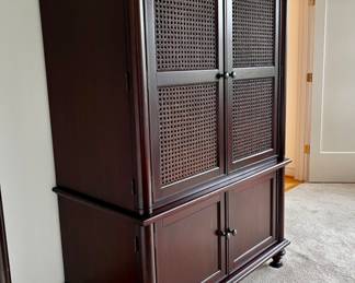 Solid wood/caning armoire with shelves and drawers, matches bed frame/headboard