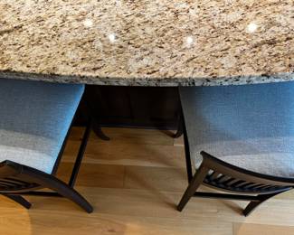 Detail of perfect condition light blue grey tweed/woven upholstery, solid wood construction