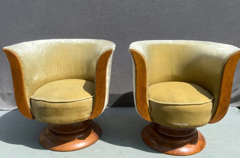 Pair of French Art Deco tulip swivel chairs, sold 2x the money