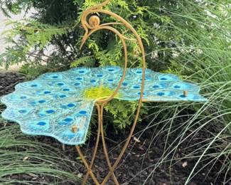 Glass, brass peacock table by Global Views
