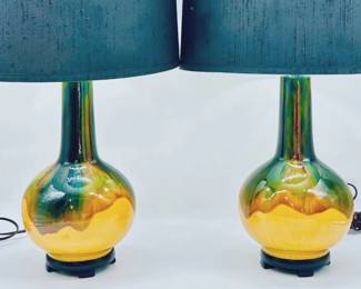 Pair of glazed ceramic lamps with black drum shades