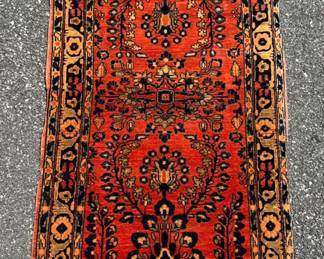 Coral and navy wool Aarouh small runner with pad; 25"W x 58"L