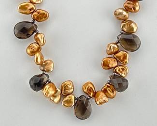 Baroque pearl, smoky quartz necklace signed Lucas Lameth