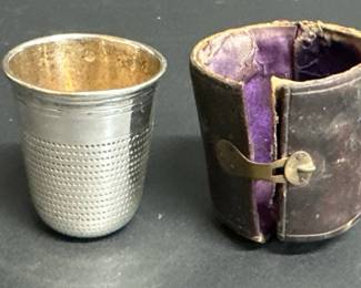 Vintage silver plated thimble shot jigger in leather case