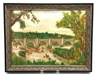 Unsigned oil on board of Richmond’s iconic CSX bridge over the James, possibly by Louise Cochrane