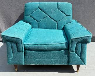 Atomic era Montgomery Ward overstuff teal armchair with frieze upholstery