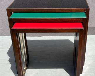 Rare set of James Mont Deco nesting tables with glass black, red and green tops