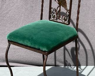 Iron swan back boudoir chair with green velvet seat