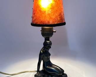 Small bronze figural lamp of a nude woman kneeling with mica shade