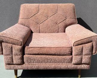 Atomic era overstuffed armchair in dusty rose frieze upholstery