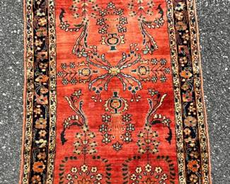 Pretty Sarouk runner in coral and navy; 25"W x 59"L