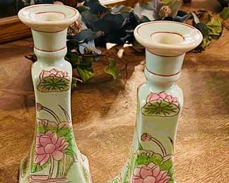 Hand Painted Porcelain Candlesticks Mid Century 
