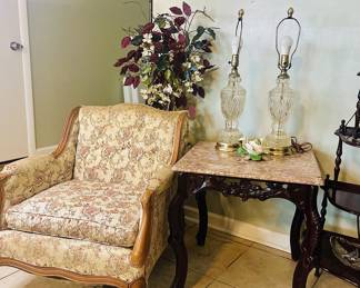 Mid-century floral upholstered chair
Wood & Granite Side Table
Set of Brass & Cut Glass Table Lamps